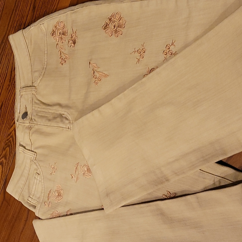 Boston Proper Jeans,  size 2, beige with pink embroidery scattered flowers
